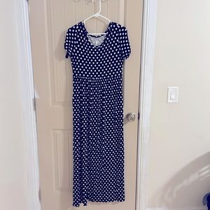 Dark blue white polka dot stretchy short sleeve long dress